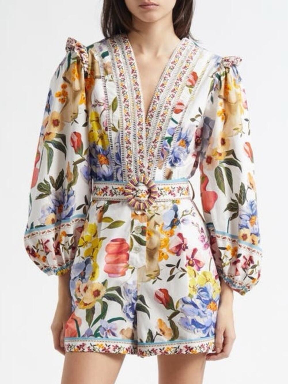 Farm Rio Greek Garden Long Sleeve Plunge Neck Cotton Romper S